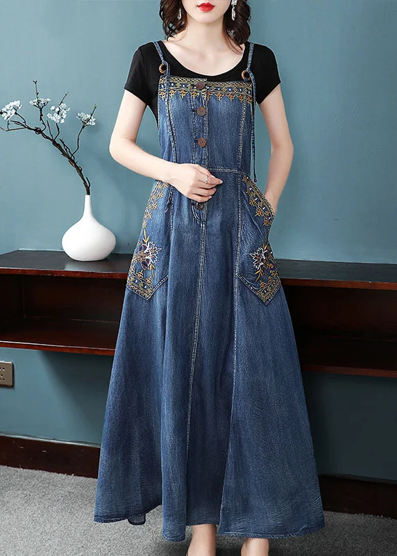 Style Blue Button Qocket Embroideried Spaghetti Strap Cotton Dresses Spring