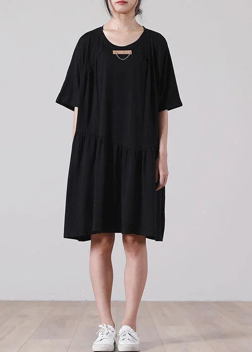 French Black Asymmetrical Cotton Dress Summer Dresses