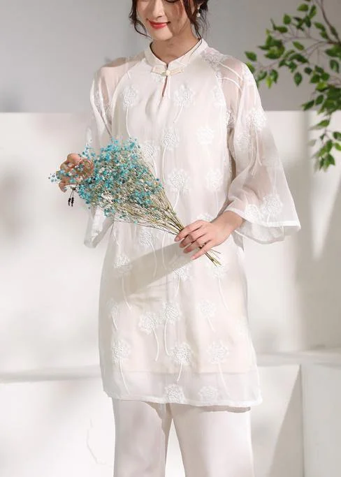 diy flare sleeve linen stand collar clothes Sleeve white embroidery Dress