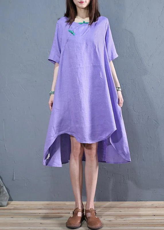 diy o neck asymmetric linen Long Shirts Work purple Dresses