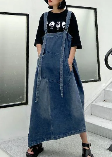 Handmade denim blue cotton sleeveless pockets cotton robes summer Dresses