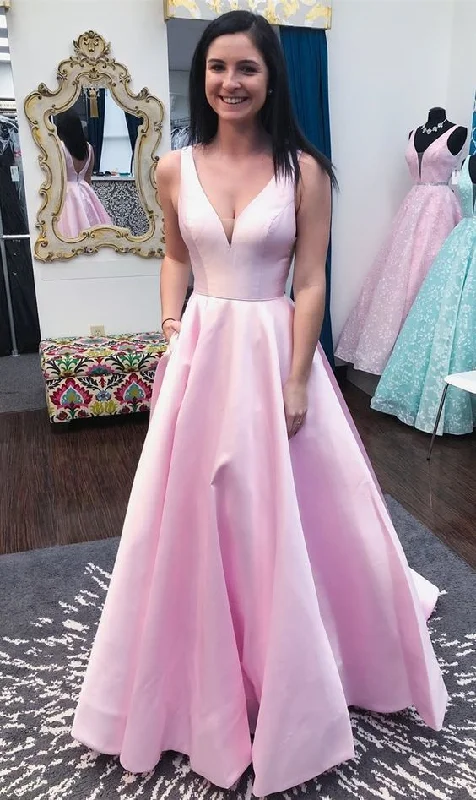 Long V-neckline Pink Prom Dress