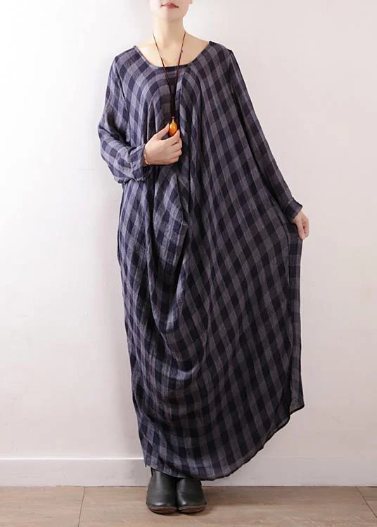 French navy plaid cotton clothes Women asymmetric Art autumn Dresses