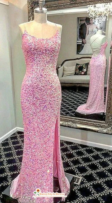 Fit and Flare Criss-Cross Back Pink Sequin Prom Dress