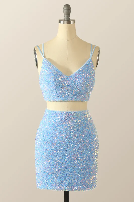 Two Piece Blue Sequin Tight Mini Dress