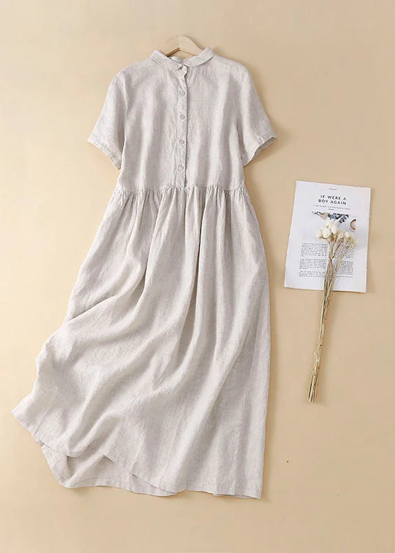 Linen Colour Linen Dresses Wrinkled Button Solid Short Sleeve