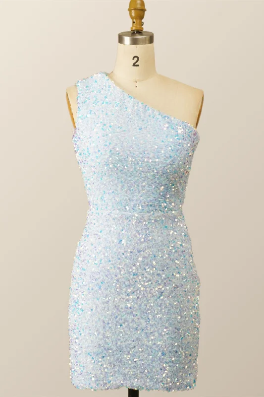 One Shoulder Sky Blue Sequin Bodycon Mini Dress