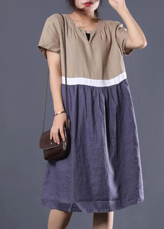 Bohemian khaki v neck linen clothes patchwork color long summer Dress