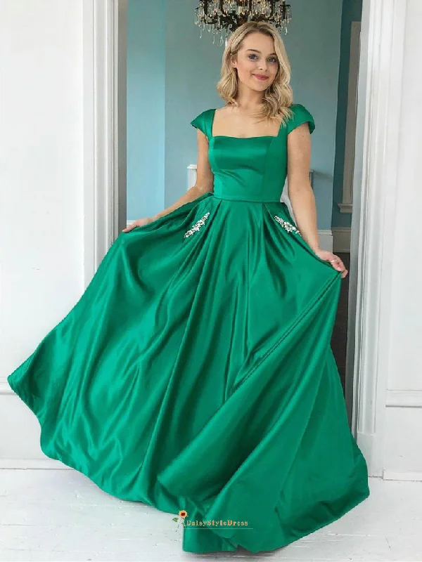 Cap Sleeve Green Prom Dress with Pocket