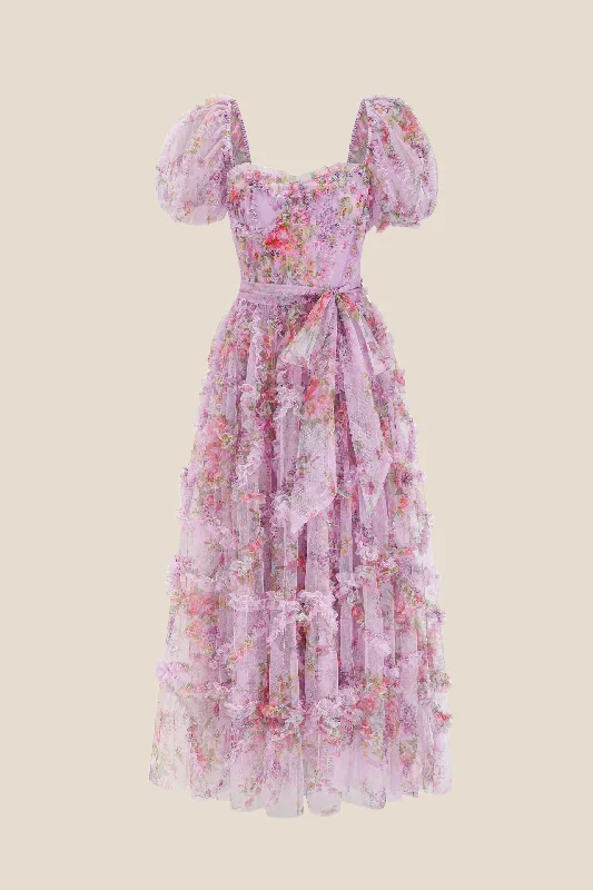 Bow Tie Purple Floral Print A-line Long Dress