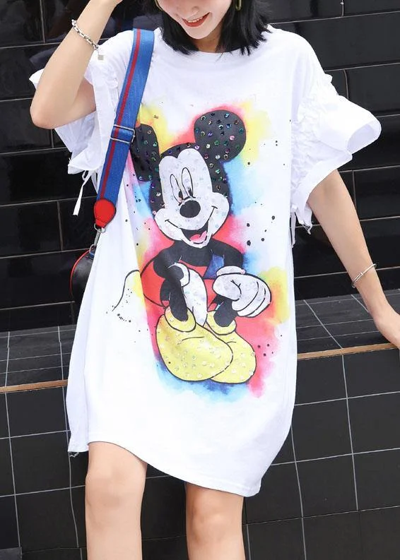 Beautiful white Cartoon print Cotton clothes flare sleeve shift summer Dress