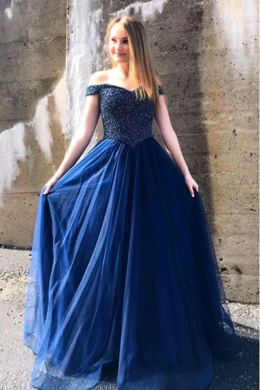 Off Shoulder Sleeve Sparkle Beads Navy Blue Prom Dress