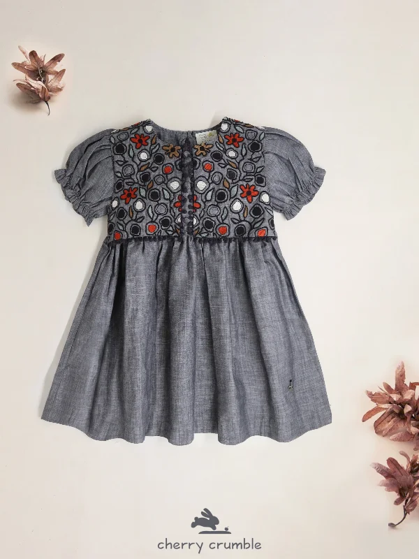 Cherry Crumble Girls Grey Knee Length Self Texture Dress