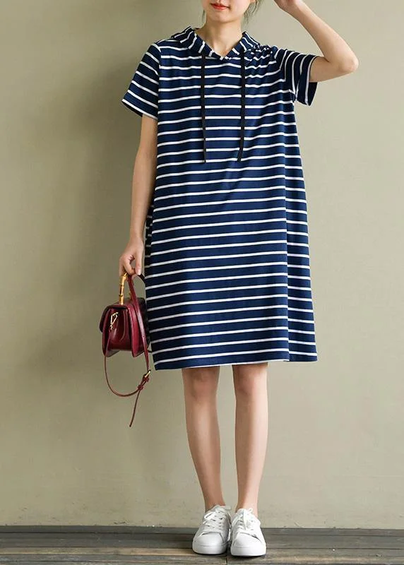 Elegant hooded drawstring Cotton quilting dresses Wardrobes navy striped Dresses summer