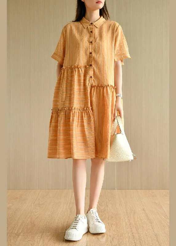 Style Orange Striped Button Asymmetrical Design Ruffled Summer Vacation Dress