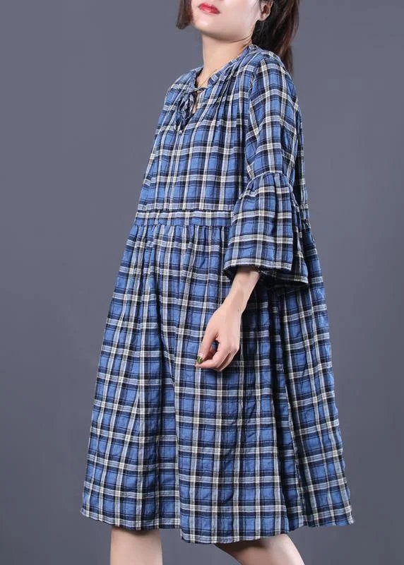 Loose blue plaid cotton tunic dress v neck A Line summer Dress