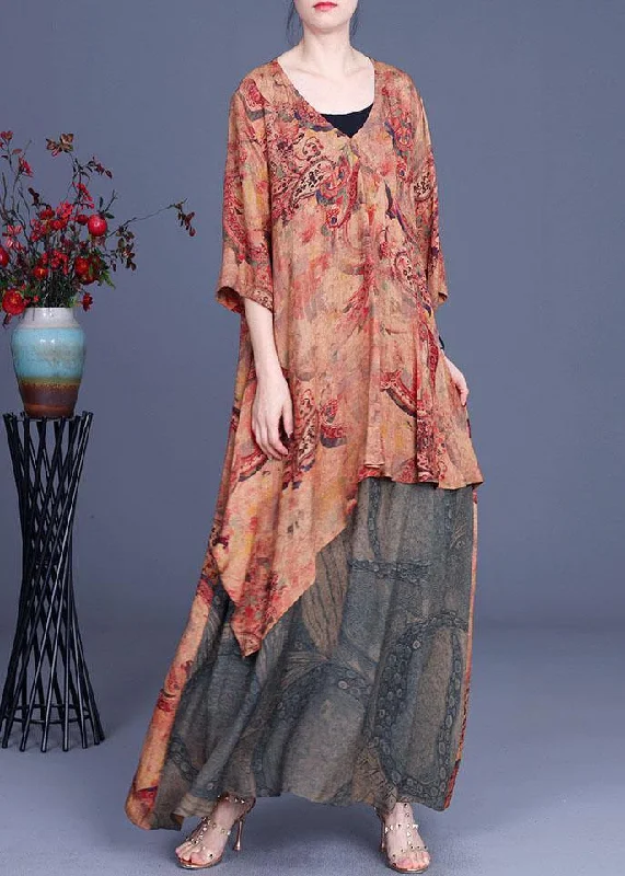 French Orange Asymmetrical V Neck Print Summer Silk Summer Dress Half Sleeve