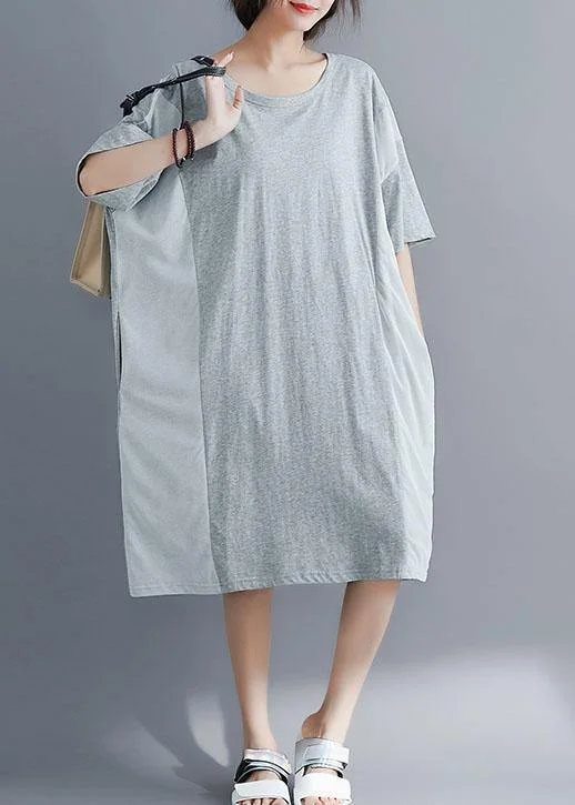 Elegant gray cotton Tunics o neck patchwork Maxi summer Dresses