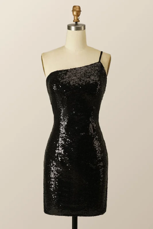 One Shoulder Black Sequin Bodycon Mini Dress