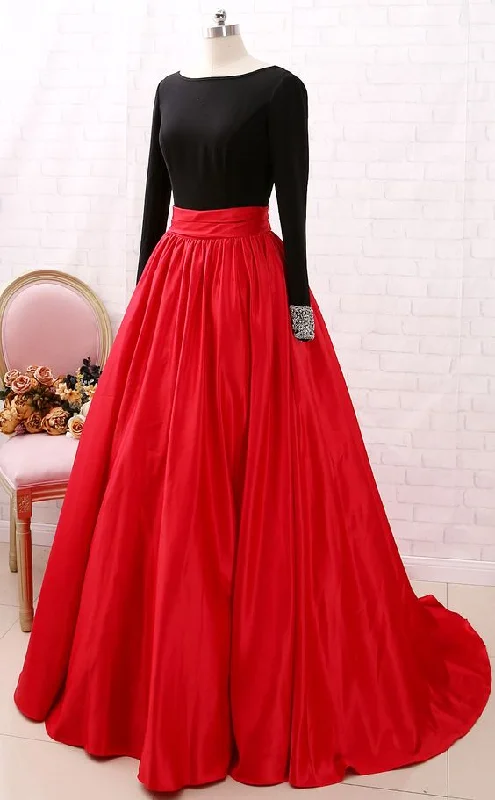 Ball Gown Long Sleeve Black and Red Prom Dress