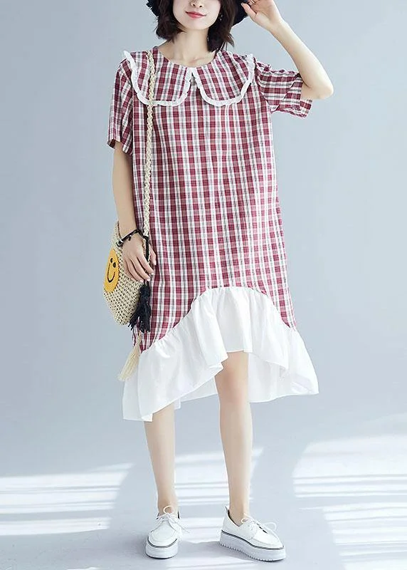 Chic patchwork linen clothes For Women Sleeve red plaid Dress summer