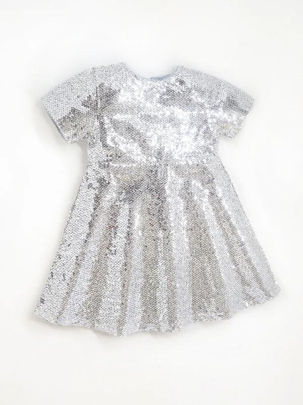 Party wear Grey Cotton Blend and Half Sleeves with Zipper Closure Fit & Flared Sequin Dress For Girls