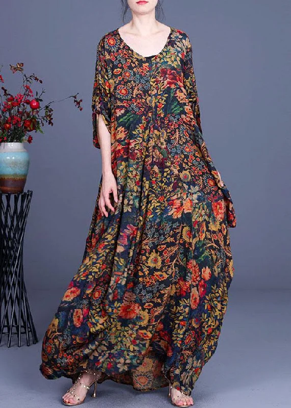 French Print O-Neck long sleeve Silk Dresses Summer