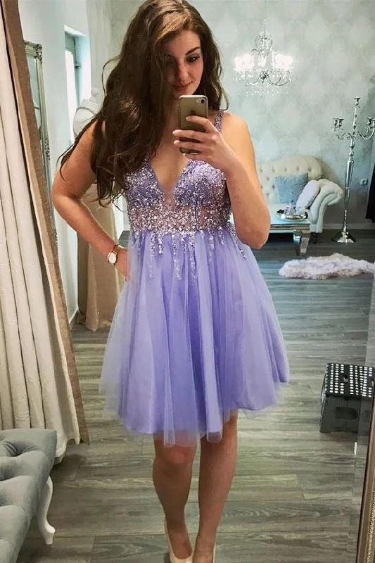 Handmade Beaded Short Lilac Homecoming Dress