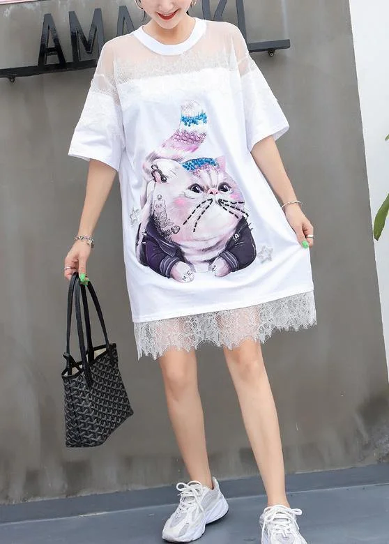 Women Cartoon print Cotton Tunics Inspiration white patchwork lace Dresses summer