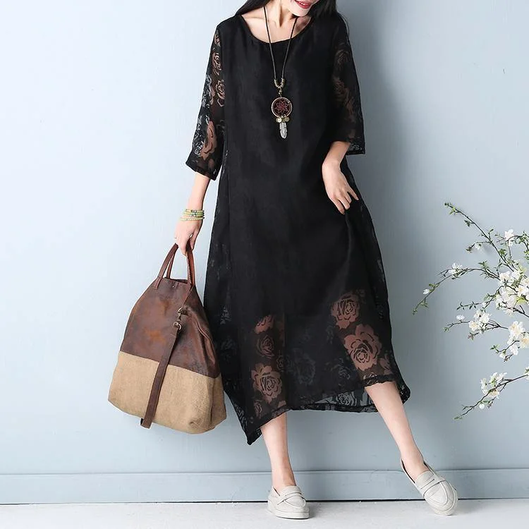 2024 black hollow out maxi dress o neck Half sleeve bridesmaid dress asymmetric summer dress