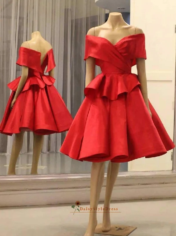 Knee Length Off Shoulder Sleeve Red Formal Party Dress