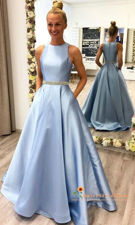 Modest Blue Prom Dress with Pocket