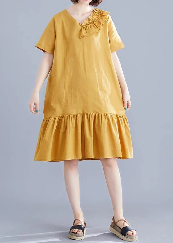 Italian yellow linen dresses v neck Ruffles Art summer Dress