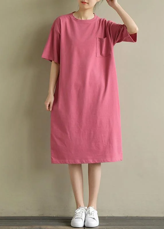 Vivid o neck pockets Cotton tunic Tutorials pink Dress summer