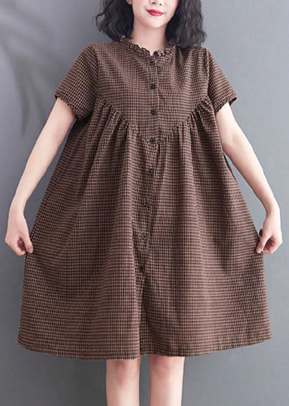 Casual Brown Wrinkled Ruffled Plaid Cotton Dress Short Sleeve