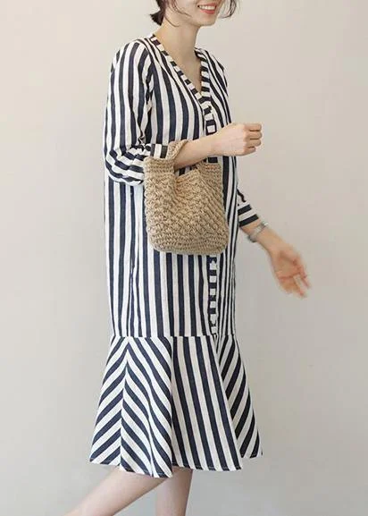 Women v neck Ruffles Cotton clothes Neckline striped Dresses