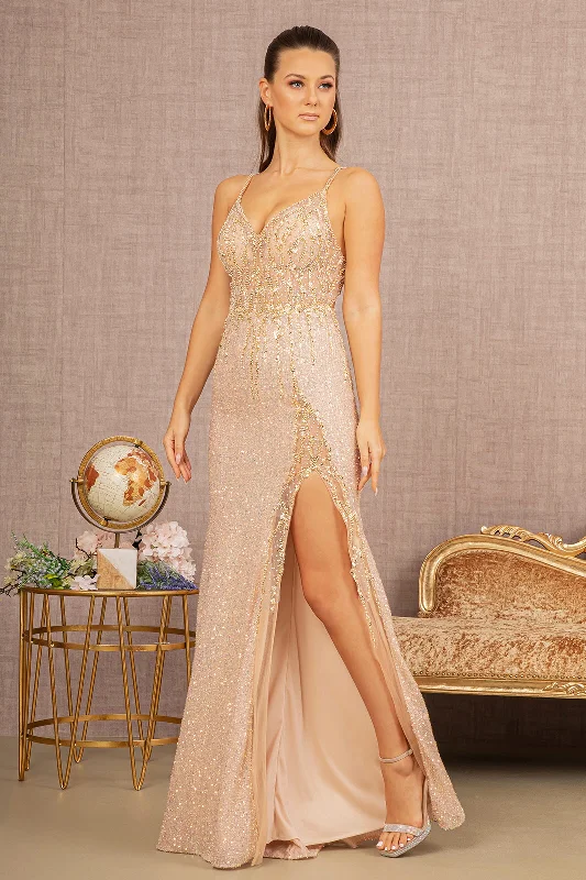 Sequin V-Neck Sheer Bodice Mermaid Slit Women Formal Dress by GLS by Gloria - GL3151 - Special Occasion/Curves