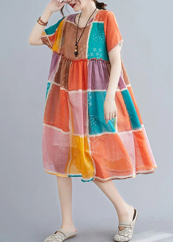 Organic Colorblock Block Print Ruffled Linen Maxi Dress Short Sleeve