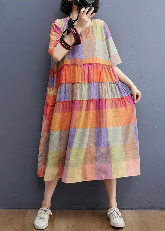 Plus Size Colorblock O-Neck wrinkled Patchwork Dress Short Sleeve