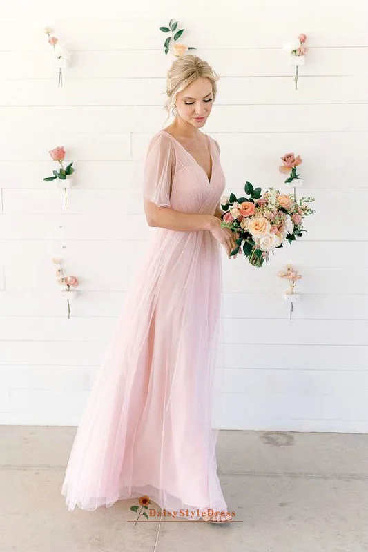 Ruffle Sleeve Pink Bridesmaid Dress