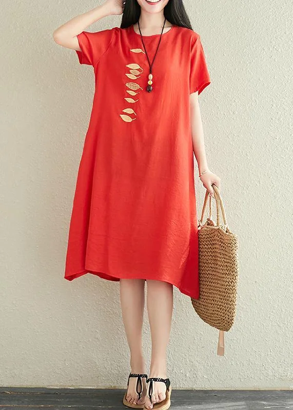 Modern red linen dress o neck embroidery Midi summer Dress