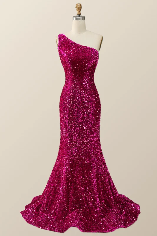 Fuchsia Sequin One Shoulder Mermaid Long Formal Dress