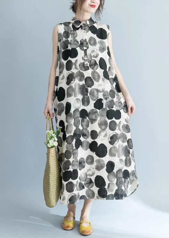 Natural dotted prints chiffon clothes lapel collar sleeveless loose summer Dresses