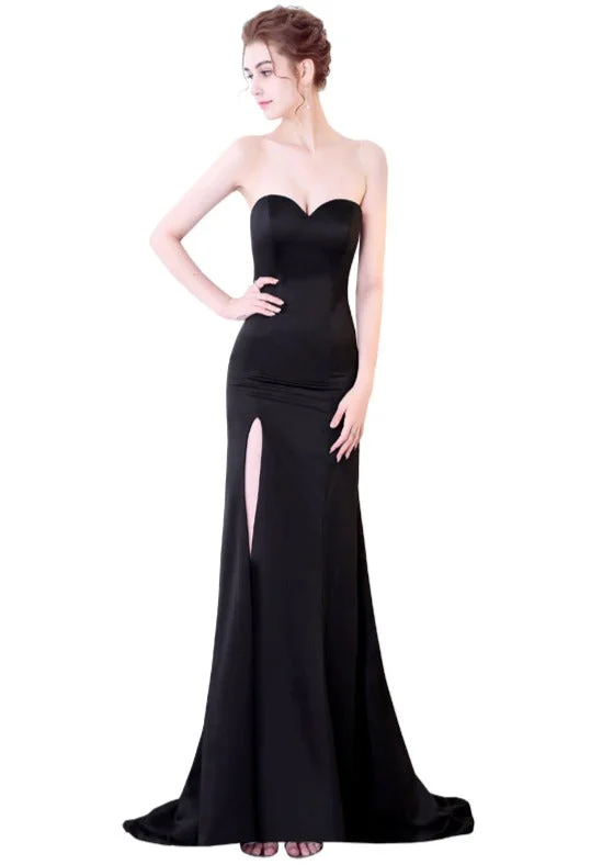 Simple Sheath Sexy Slit Black Soft Satin Party Dress