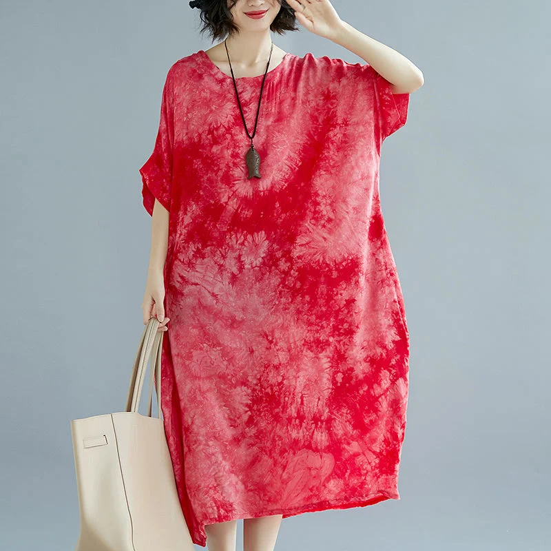 baggy red linen dresses oversize O neck floral linen gown Elegant short sleeve baggy dresses linen caftans