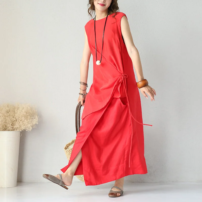 boutique red silk linen dresses oversized asymmetric silk linen clothing dress fine tei waist maxi dresses