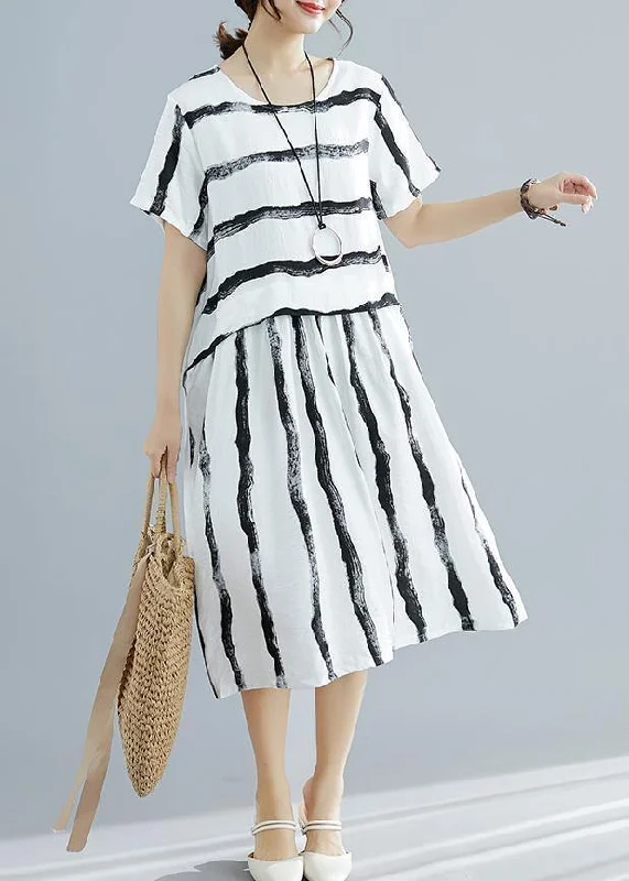 DIY white striped Cotton dress Fitted pattern o neck pockets shift Summer Dresses