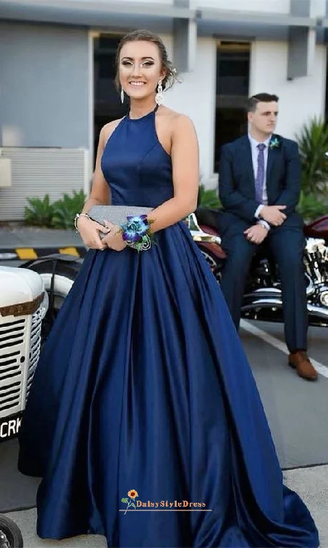 Ball Gown Halter Neckline Navy Blue Prom Dress