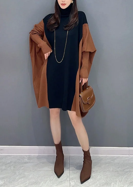 Casual Coffee Hign Neck Patchwork Cotton Mid Dress Batwing Sleeve