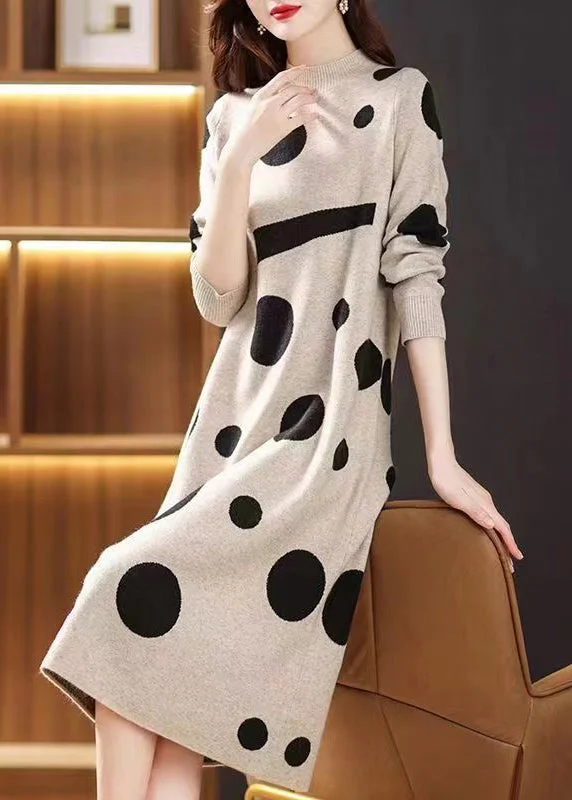 Beige Print Patchwork Woolen Long Dresses Stand Collar Fall